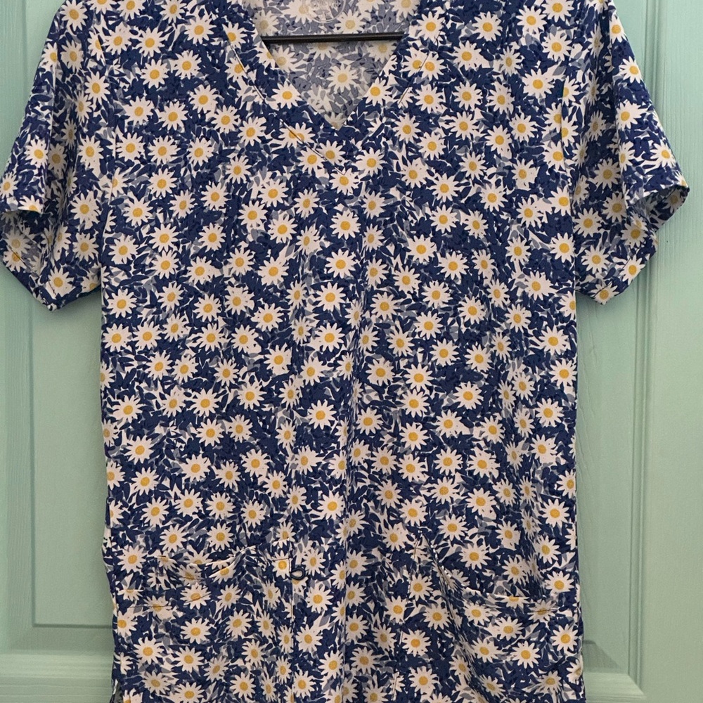Floral Blue and White Scrub Top